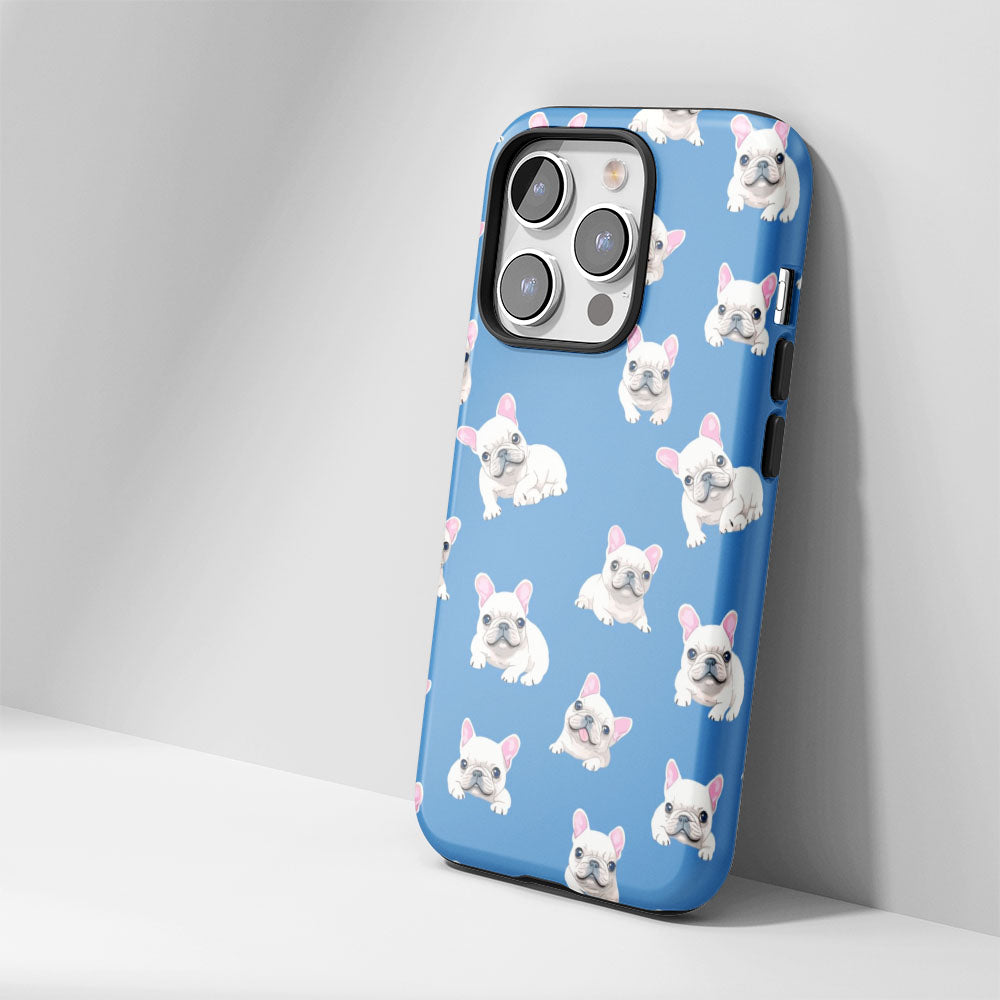 Double-Layer Semi-Handprinted Tough Matte French Bulldog Blue iPhone Case