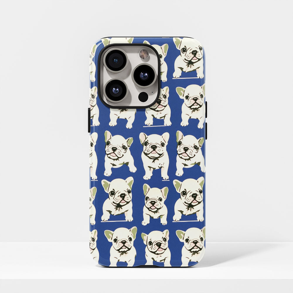 Double-Layer Semi-Handprinted Tough Matte French Bulldog Blue iPhone Case
