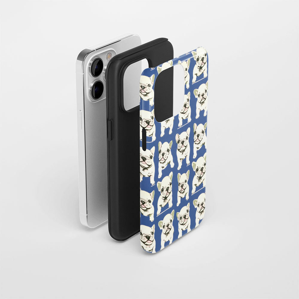 Double-Layer Semi-Handprinted Tough Matte French Bulldog Blue iPhone Case
