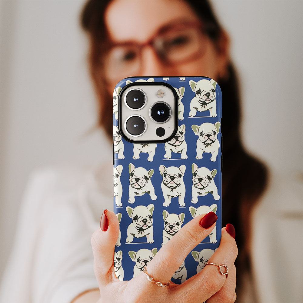Double-Layer Semi-Handprinted Tough Matte French Bulldog Blue iPhone Case