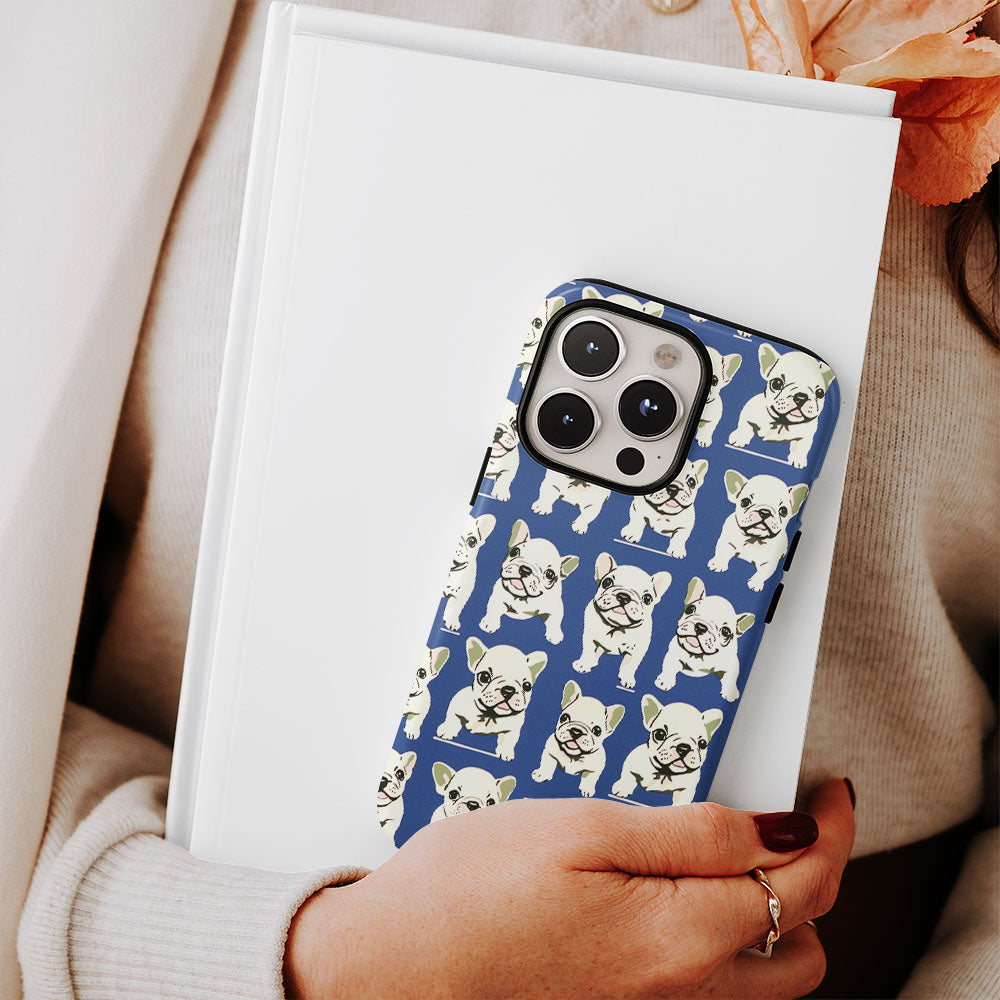 Double-Layer Semi-Handprinted Tough Matte French Bulldog Blue iPhone Case