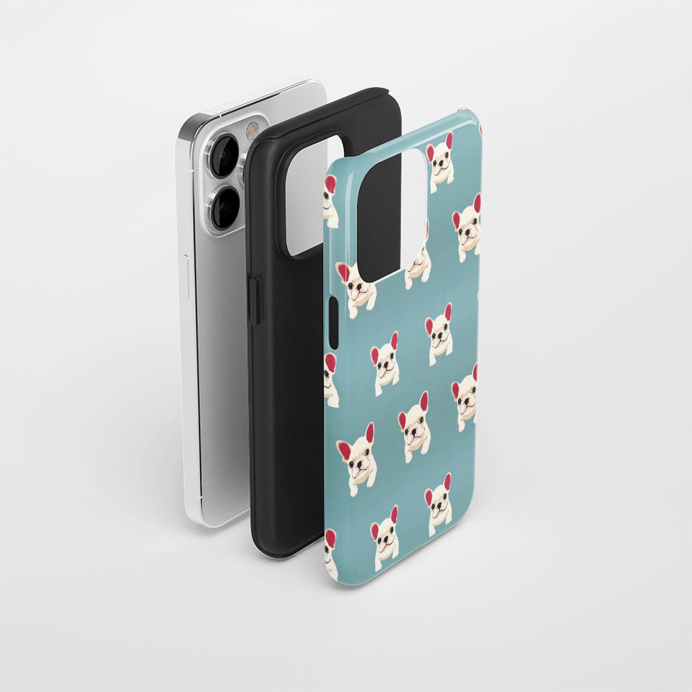 Double-Layer Semi-Handprinted Tough Matte French Bulldog Blue iPhone Case