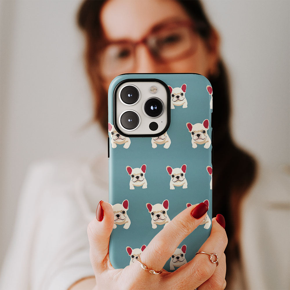 Double-Layer Semi-Handprinted Tough Matte French Bulldog Blue iPhone Case