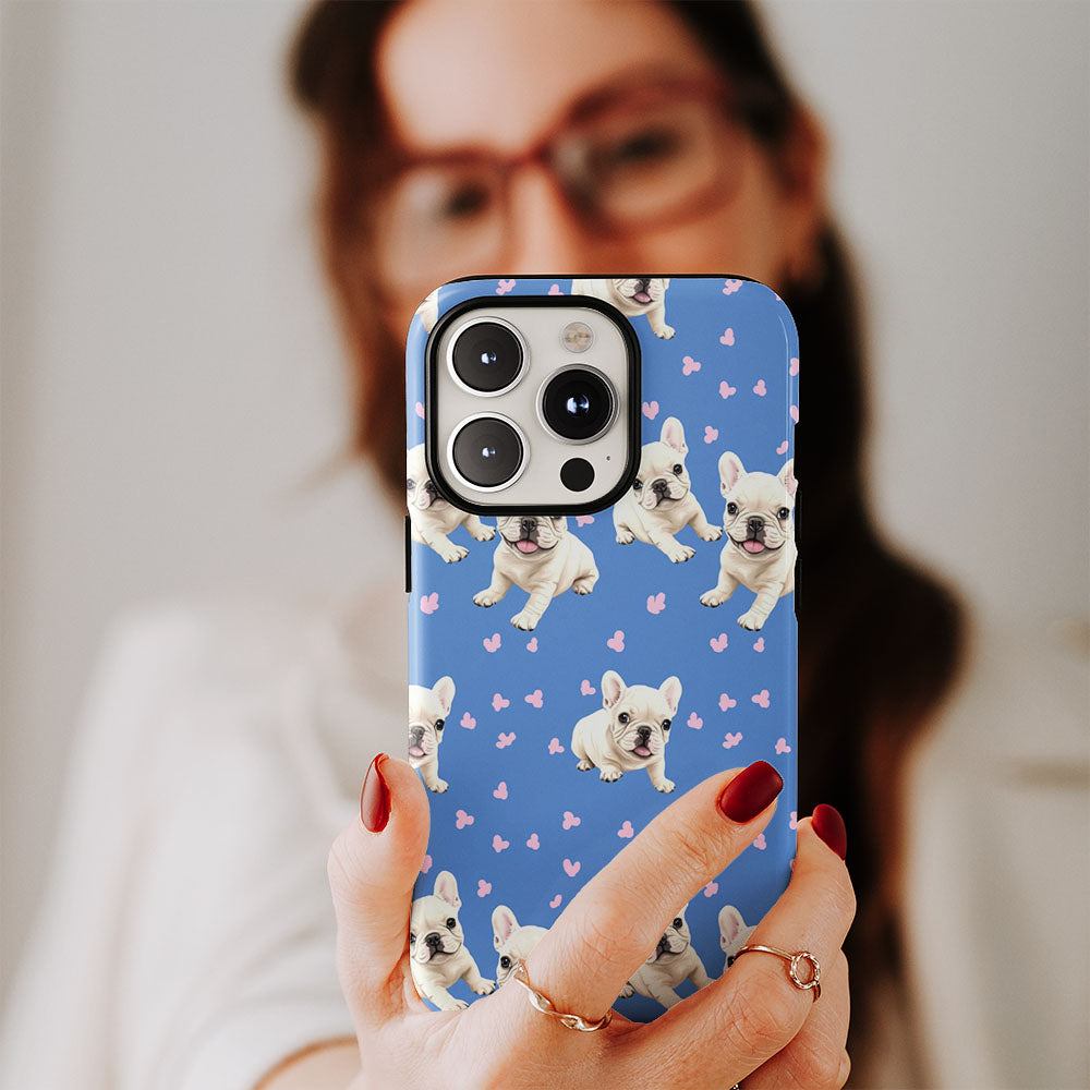 Double-Layer Semi-Handprinted Tough Matte French Bulldog Blue iPhone Case