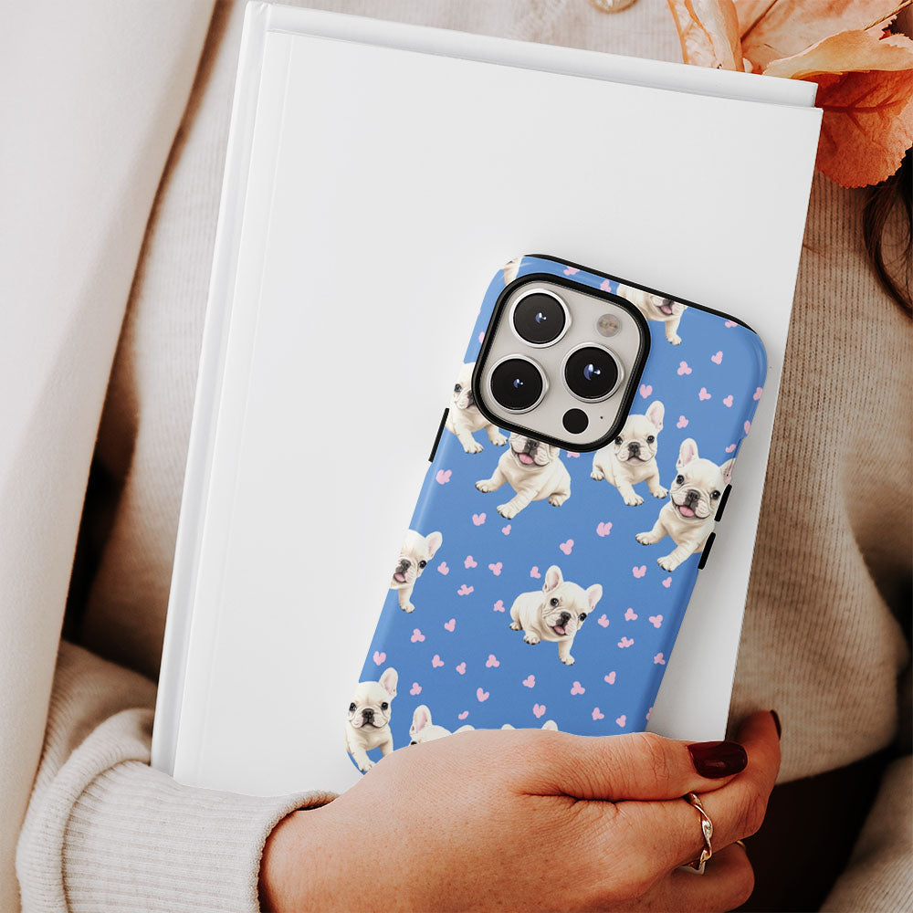 Double-Layer Semi-Handprinted Tough Matte French Bulldog Blue iPhone Case