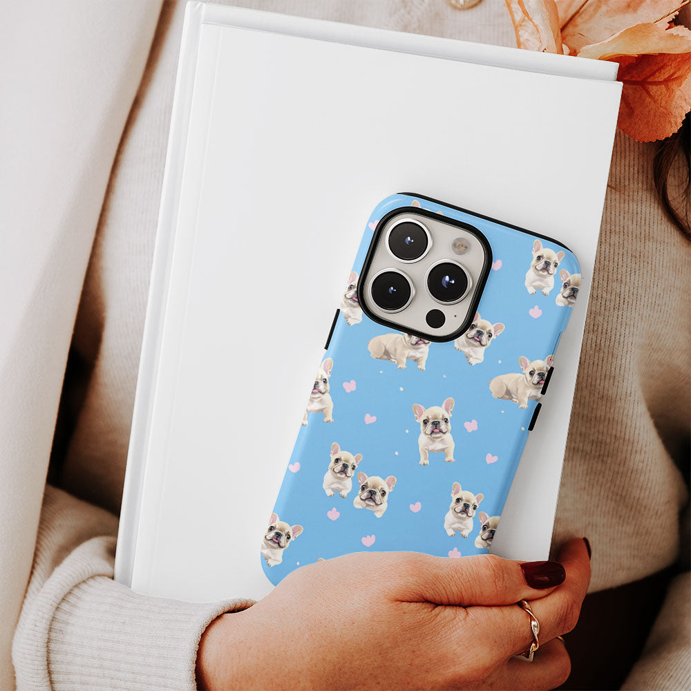 Double-Layer Semi-Handprinted Tough Matte French Bulldog Blue iPhone Case