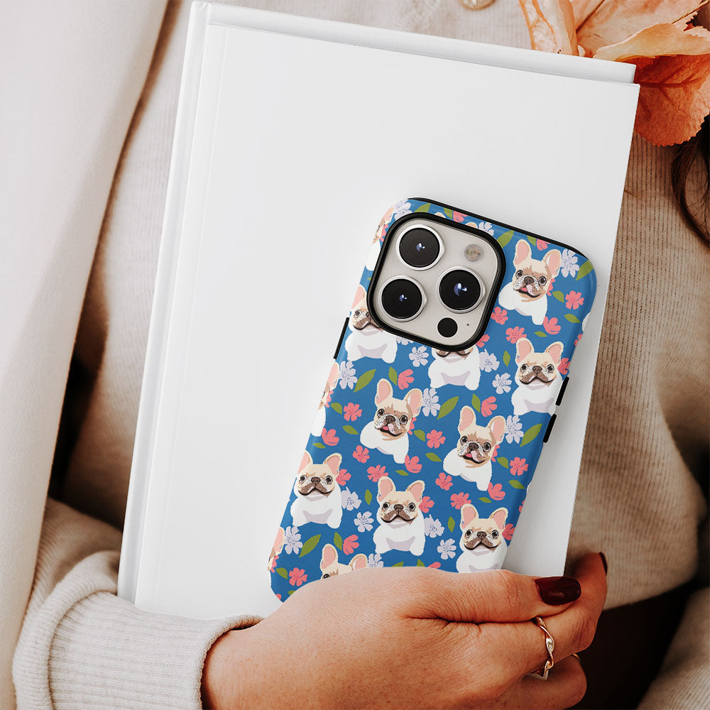 Double-Layer Semi-Handprinted Tough Matte French Bulldog Blue iPhone Case
