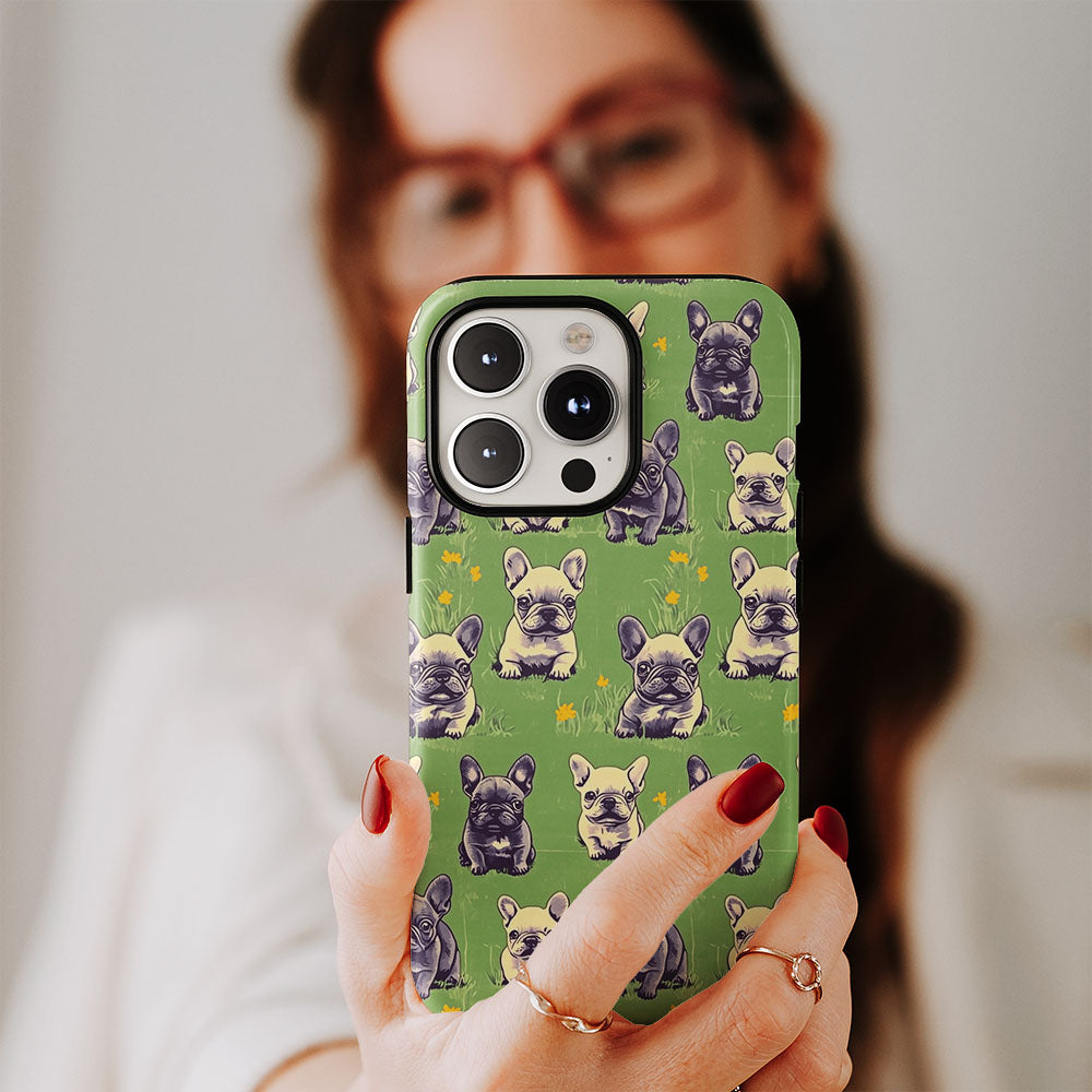 Semi-Handprinted Tough Matte French Bulldog Green iPhone Case