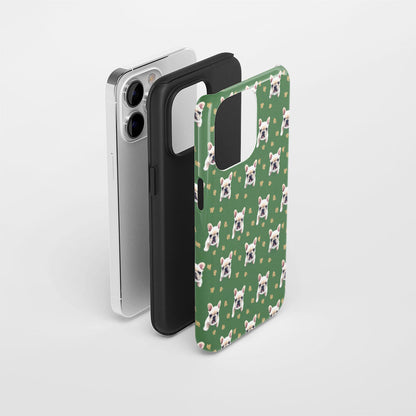 Double-Layer Semi-Handprinted Tough Matte French Bulldog Green iPhone Case