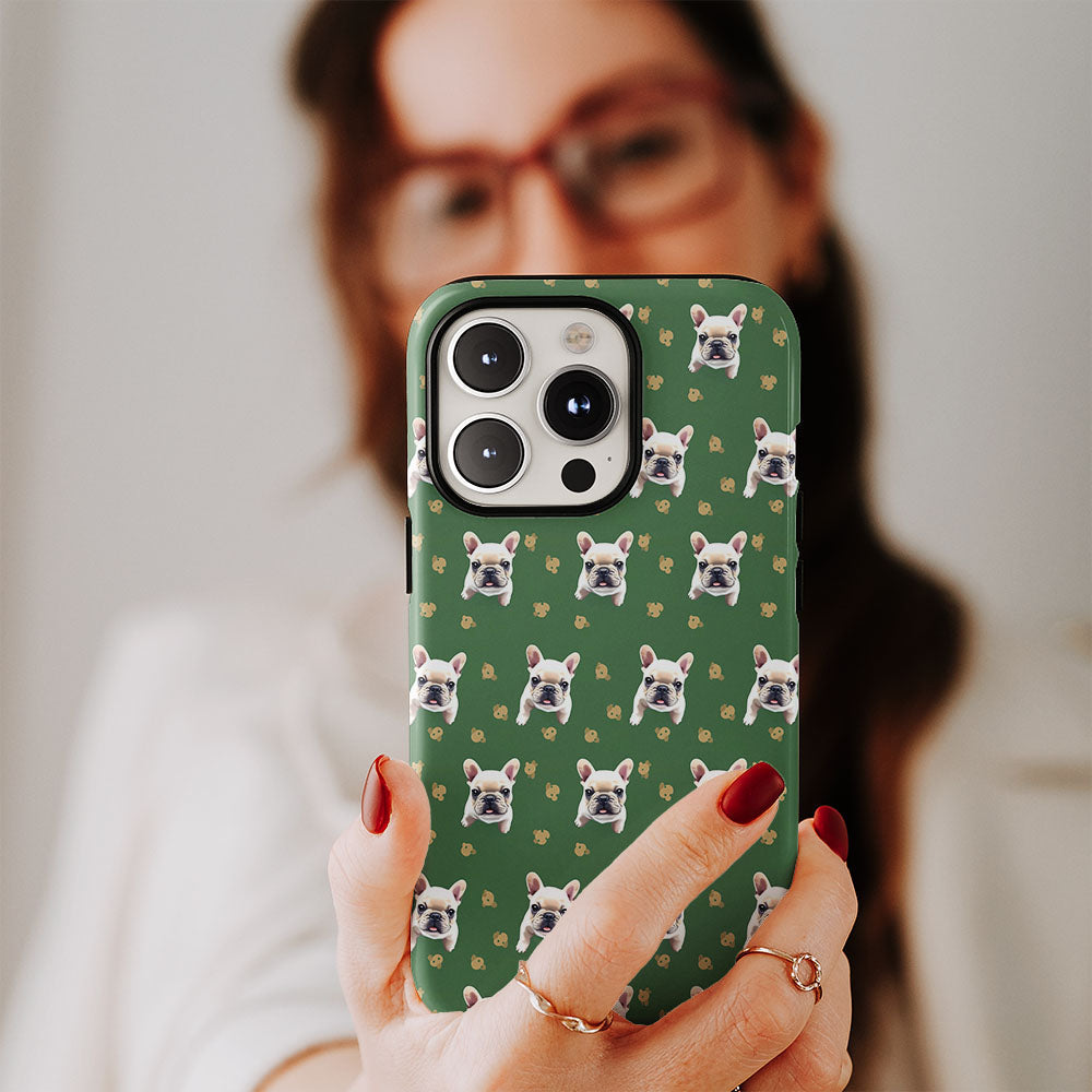 Double-Layer Semi-Handprinted Tough Matte French Bulldog Green iPhone Case