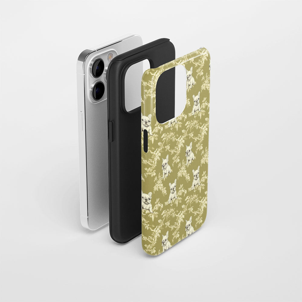 Double-Layer Semi-Handprinted Tough Matte French Bulldog Green iPhone Case