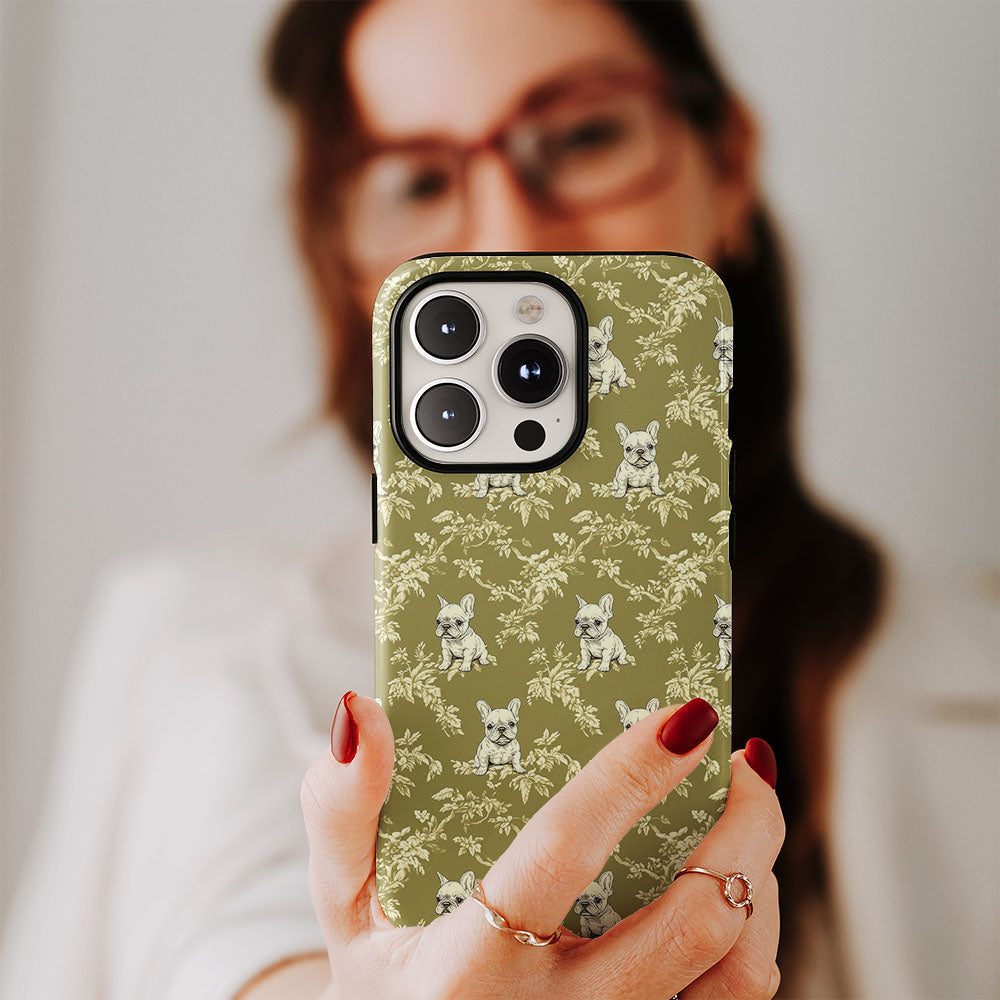 Double-Layer Semi-Handprinted Tough Matte French Bulldog Green iPhone Case