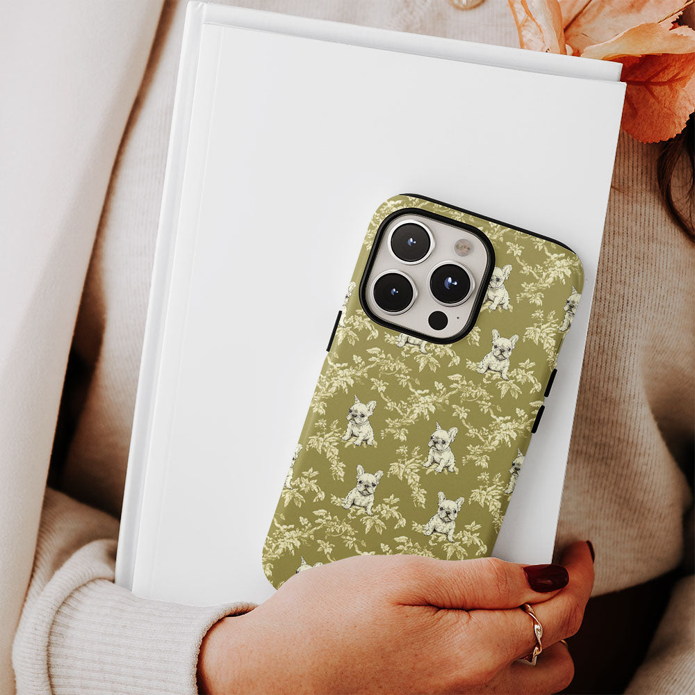 Double-Layer Semi-Handprinted Tough Matte French Bulldog Green iPhone Case