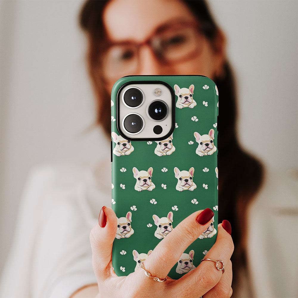Double-Layer Semi-Handprinted Tough Matte French Bulldog Green iPhone Case