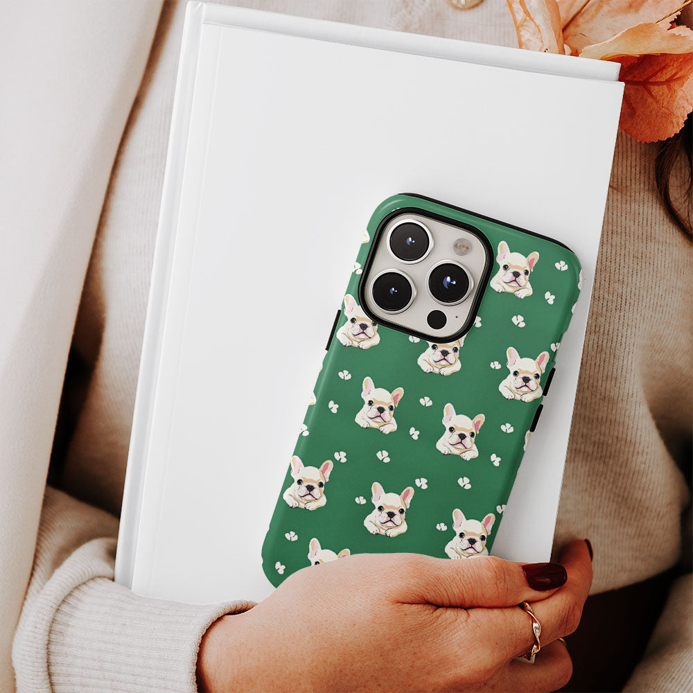 Double-Layer Semi-Handprinted Tough Matte French Bulldog Green iPhone Case