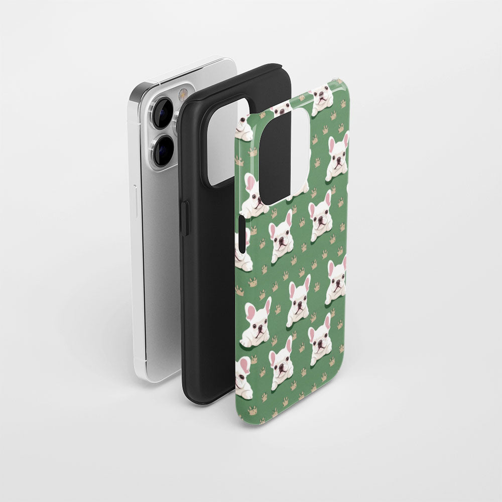 Double-Layer Semi-Handprinted Tough Matte French Bulldog Green iPhone Case