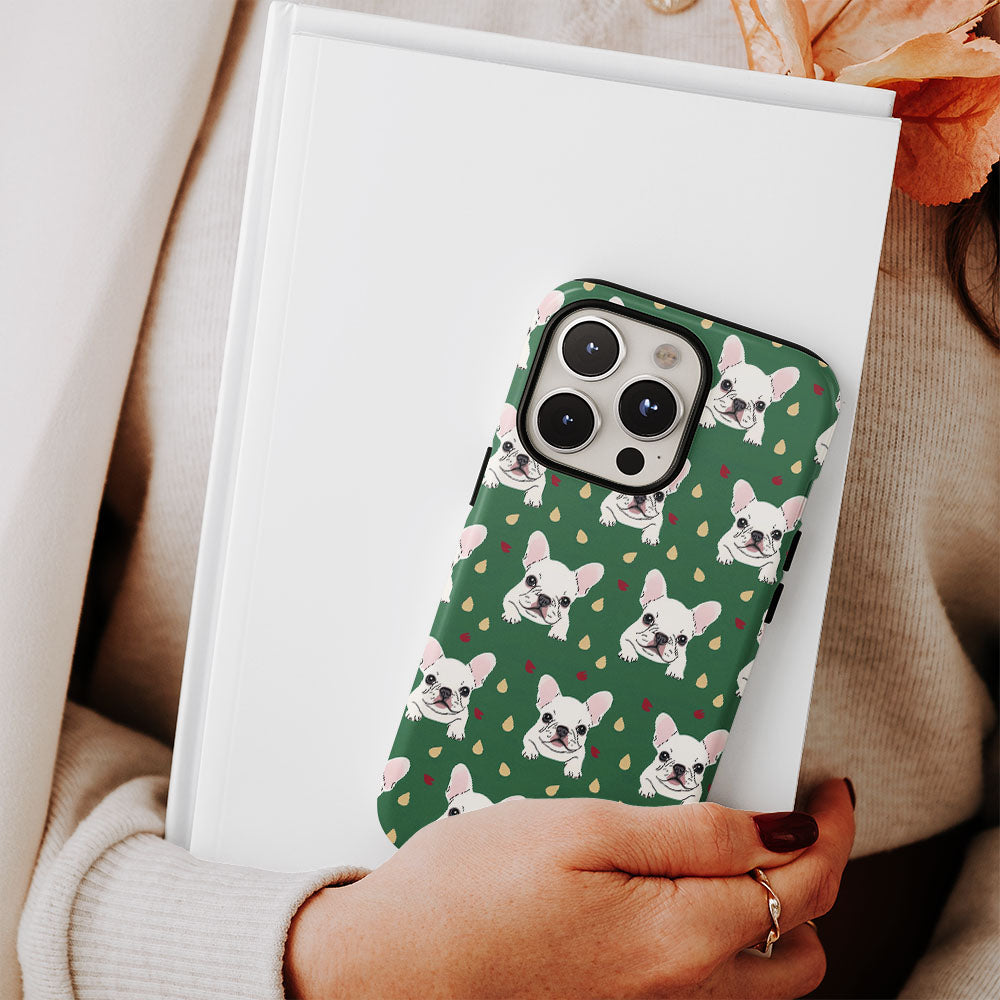 Double-Layer Semi-Handprinted Tough Matte French Bulldog Green iPhone Case
