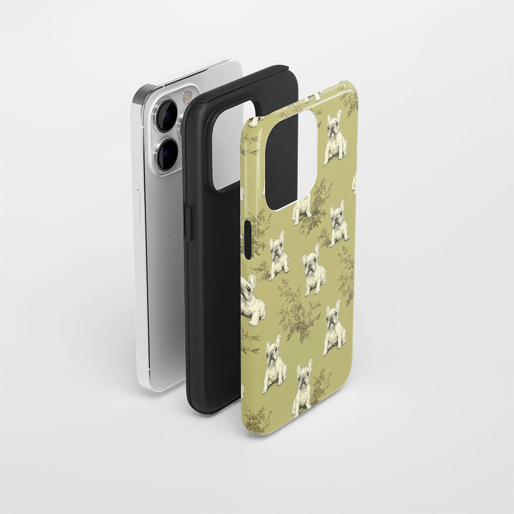 Double-Layer Semi-Handprinted Tough Matte French Bulldog Green iPhone Case