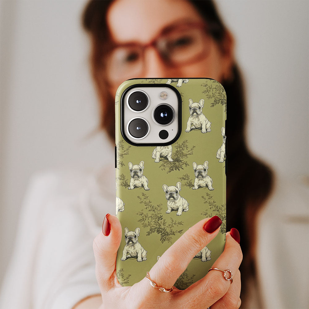 Double-Layer Semi-Handprinted Tough Matte French Bulldog Green iPhone Case