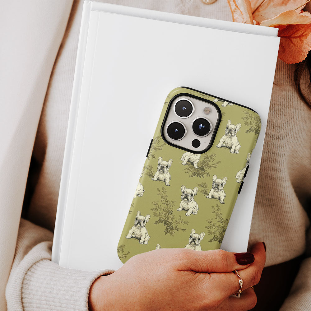Double-Layer Semi-Handprinted Tough Matte French Bulldog Green iPhone Case