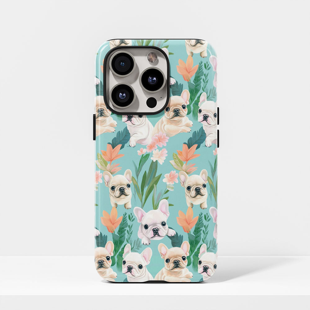 Double-Layer Semi-Handprinted Tough Matte French Bulldog Green iPhone Case
