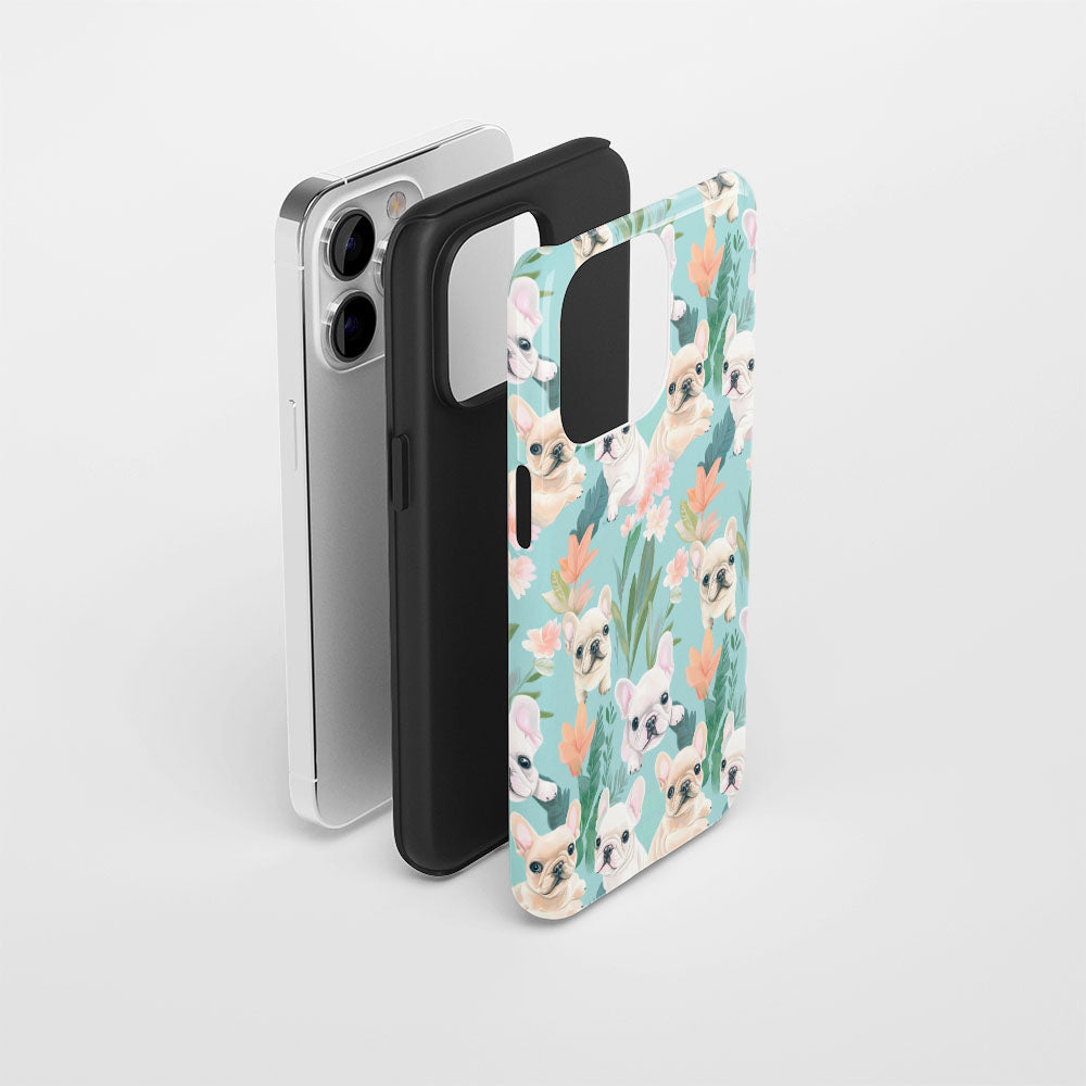 Double-Layer Semi-Handprinted Tough Matte French Bulldog Green iPhone Case
