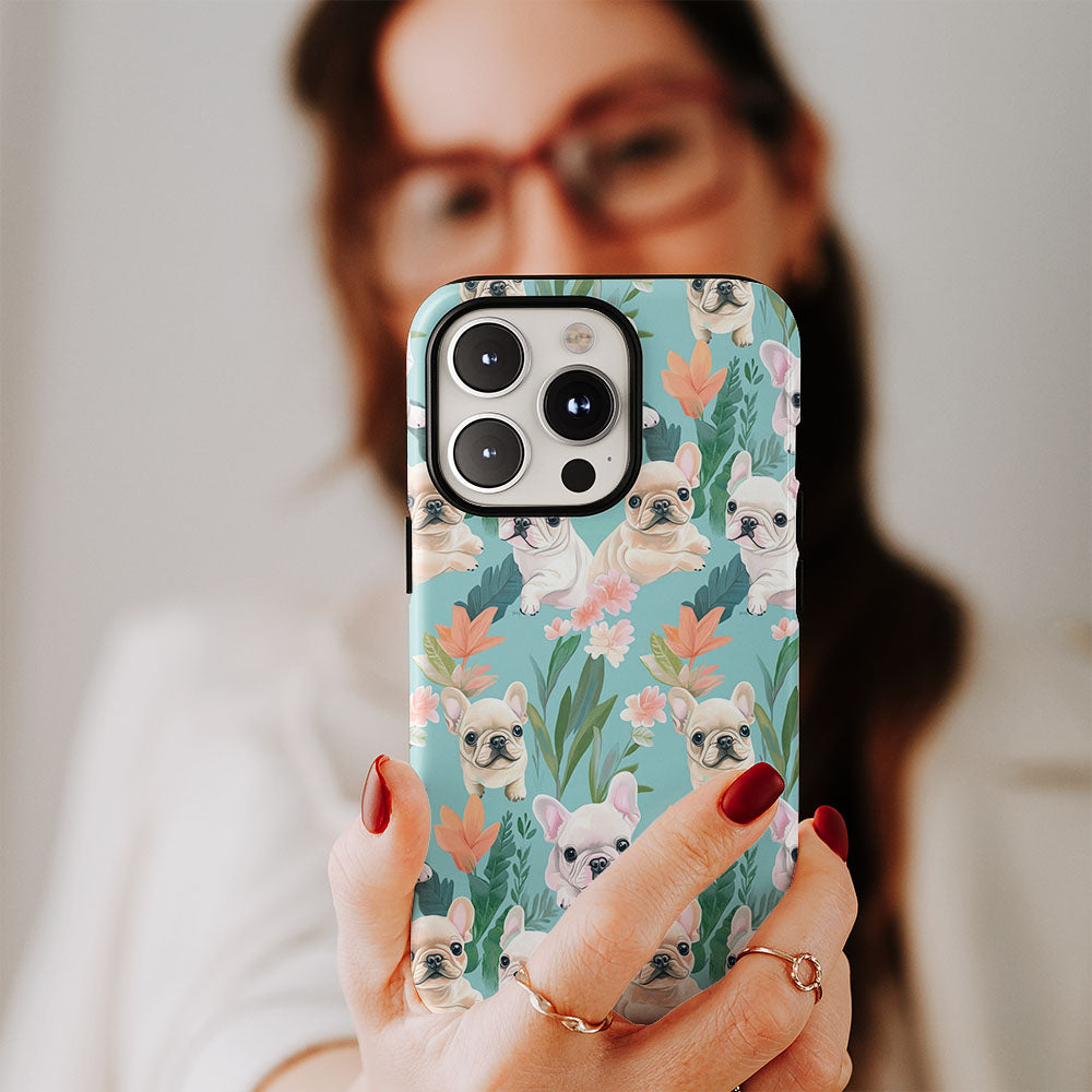 Double-Layer Semi-Handprinted Tough Matte French Bulldog Green iPhone Case