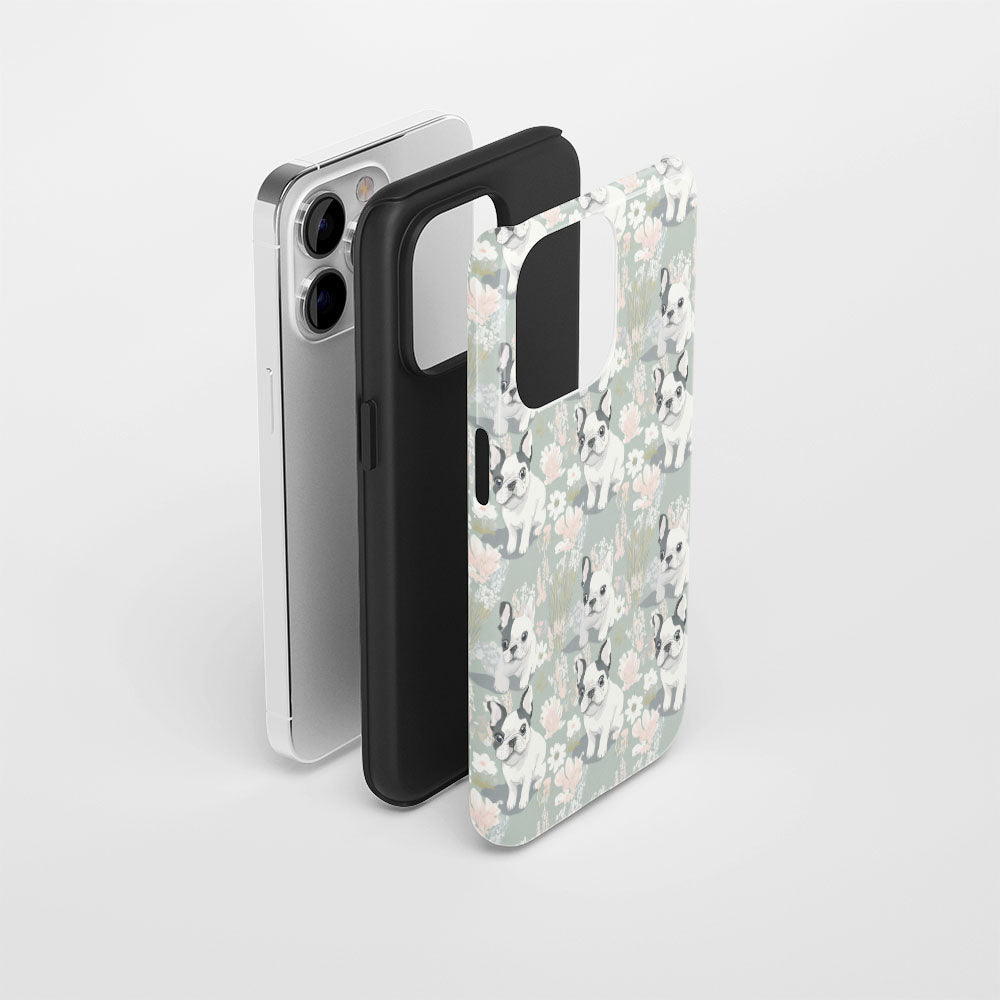 Double-Layer Semi-Handprinted Tough Matte French Bulldog Green iPhone Case