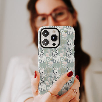 Double-Layer Semi-Handprinted Tough Matte French Bulldog Green iPhone Case