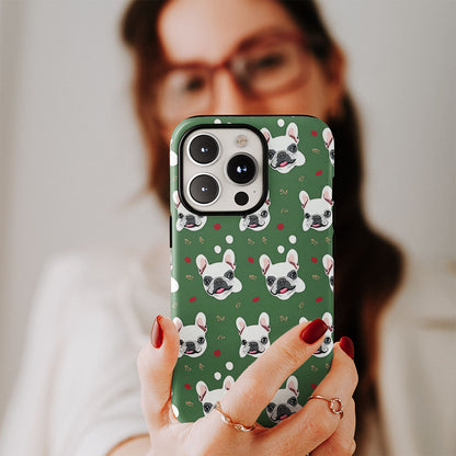 Double-Layer Semi-Handprinted Tough Matte French Bulldog Green iPhone Case