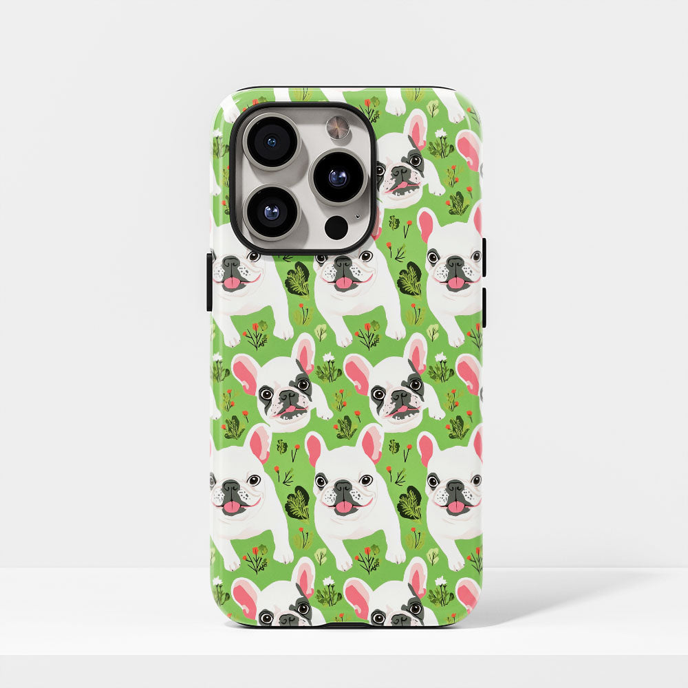Double-Layer Semi-Handprinted Tough Matte French Bulldog Green iPhone Case