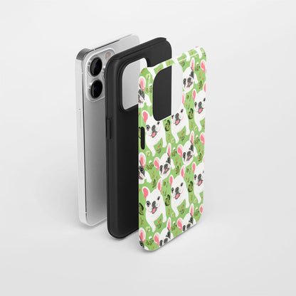 Double-Layer Semi-Handprinted Tough Matte French Bulldog Green iPhone Case