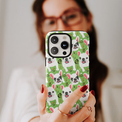 Double-Layer Semi-Handprinted Tough Matte French Bulldog Green iPhone Case