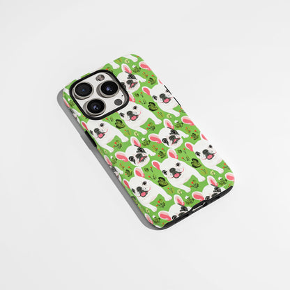 Double-Layer Semi-Handprinted Tough Matte French Bulldog Green iPhone Case