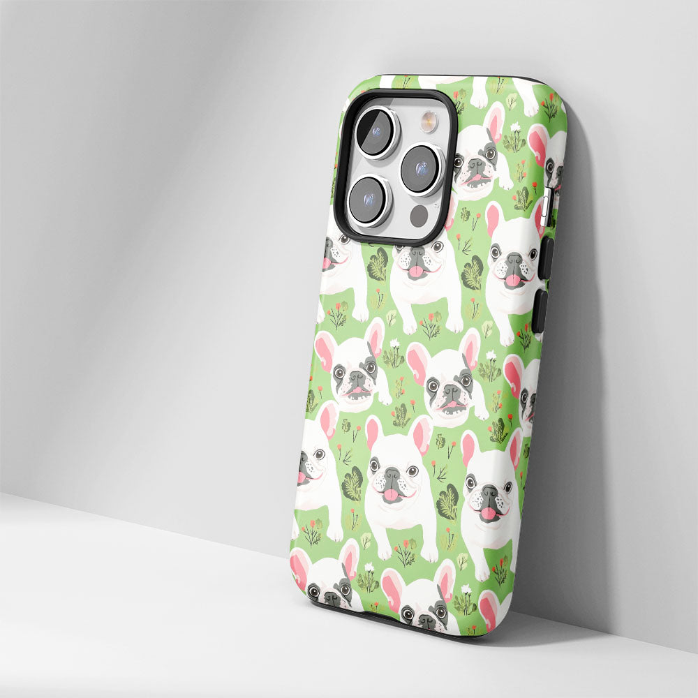 Double-Layer Semi-Handprinted Tough Matte French Bulldog Green iPhone Case