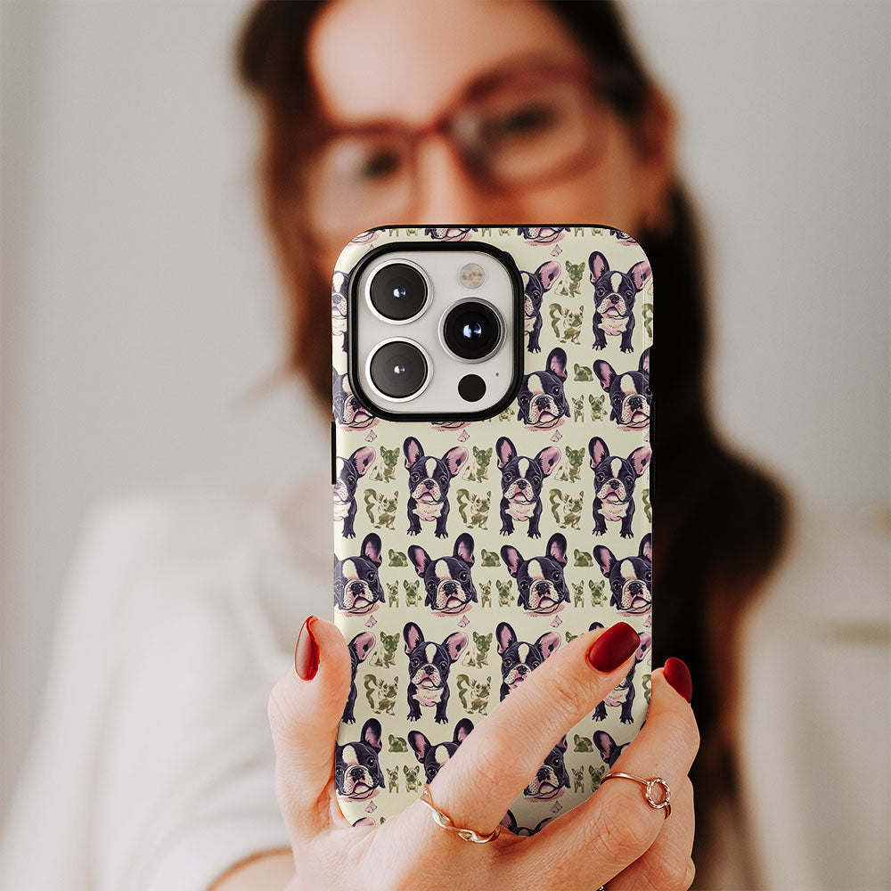 Double-Layer Semi-Handprinted Tough Matte French Bulldog Green iPhone Case
