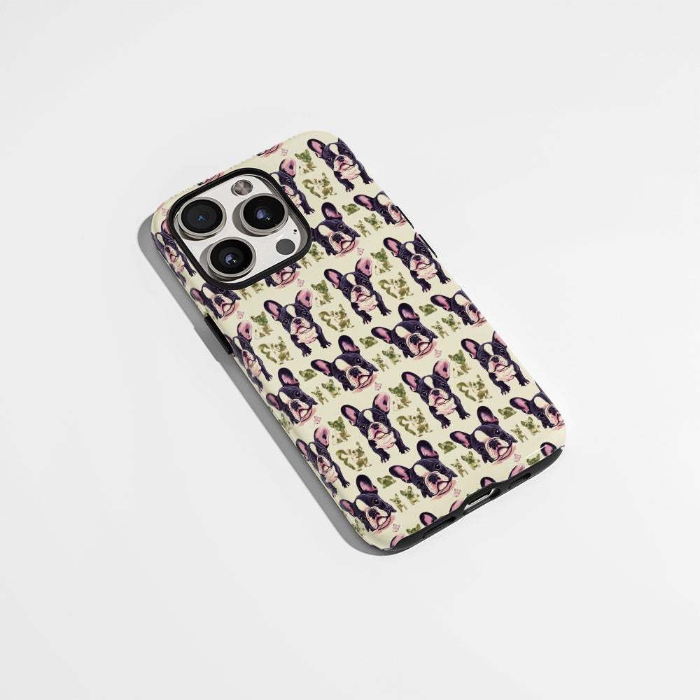 Double-Layer Semi-Handprinted Tough Matte French Bulldog Green iPhone Case
