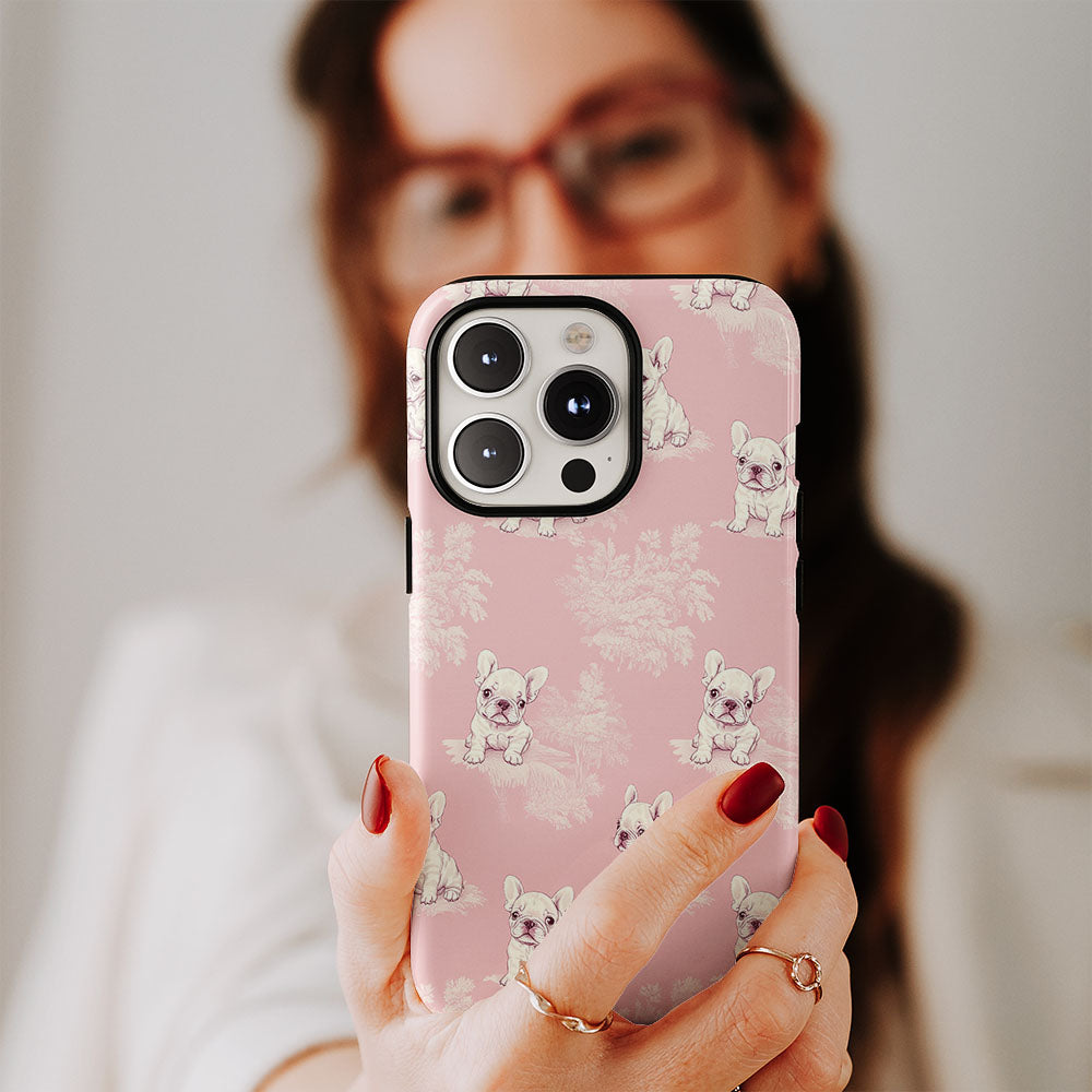 Double-Layer Semi-Handprinted Tough Matte French Bulldog Pink iPhone Case