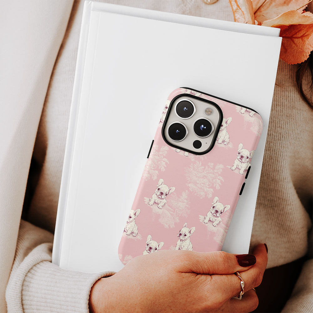 Double-Layer Semi-Handprinted Tough Matte French Bulldog Pink iPhone Case