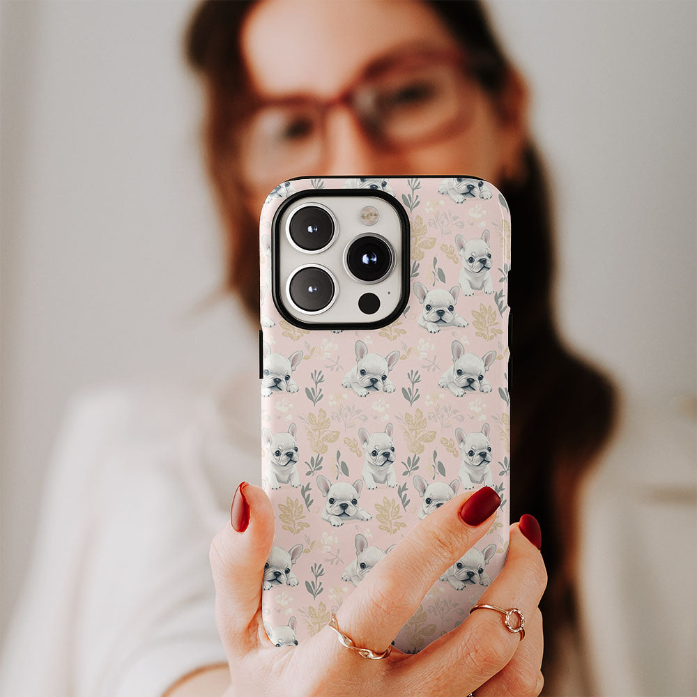 Double-Layer Semi-Handprinted Tough Matte French Bulldog Pink iPhone Case