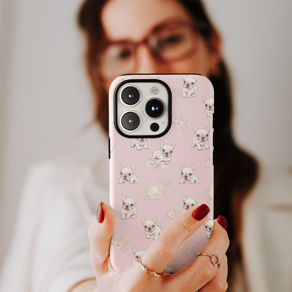 Double-Layer Semi-Handprinted Tough Matte French Bulldog Pink iPhone Case