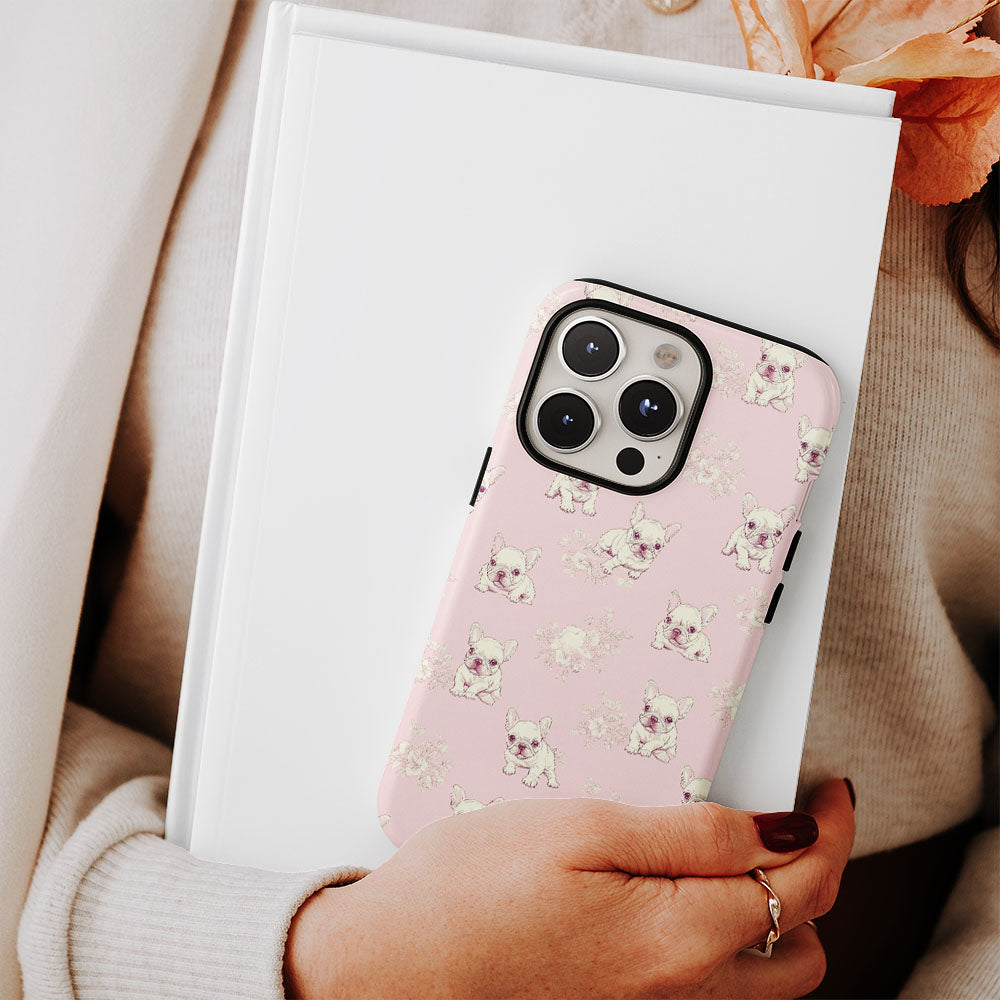 Double-Layer Semi-Handprinted Tough Matte French Bulldog Pink iPhone Case