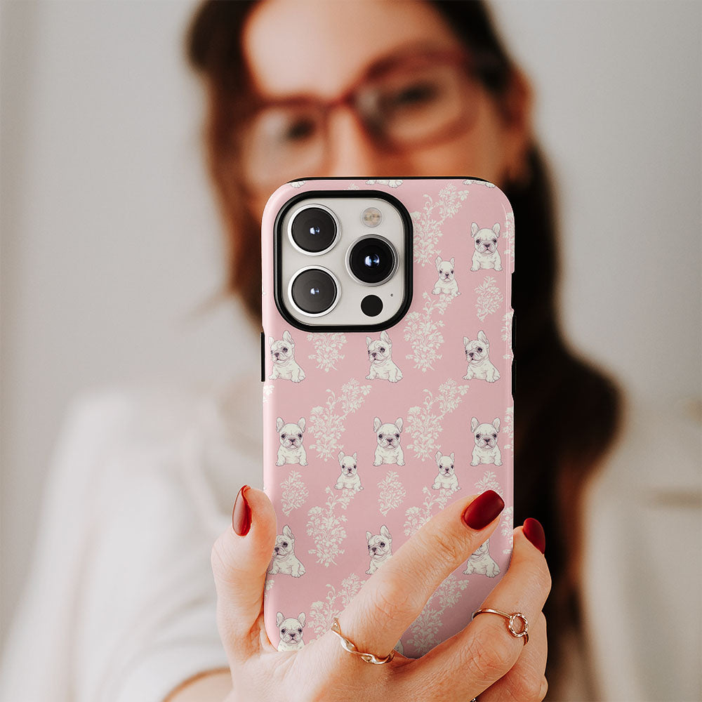 Double-Layer Semi-Handprinted Tough Matte French Bulldog Pink iPhone Case