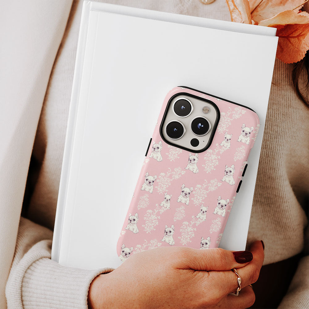 Double-Layer Semi-Handprinted Tough Matte French Bulldog Pink iPhone Case