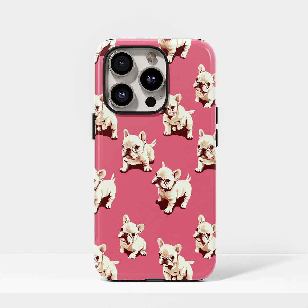 Double-Layer Semi-Handprinted Tough Matte French Bulldog Pink iPhone Case