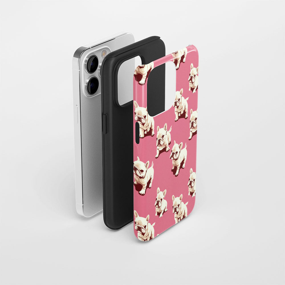 Double-Layer Semi-Handprinted Tough Matte French Bulldog Pink iPhone Case