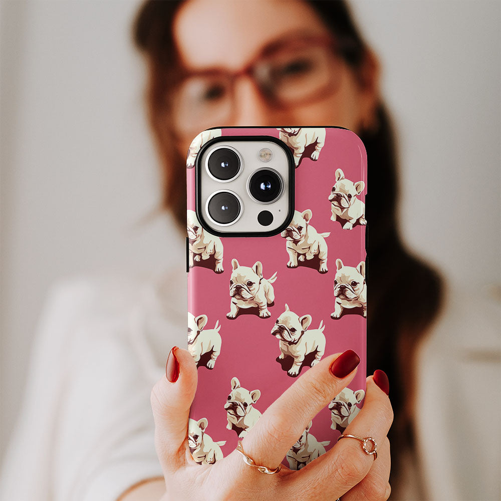 Double-Layer Semi-Handprinted Tough Matte French Bulldog Pink iPhone Case