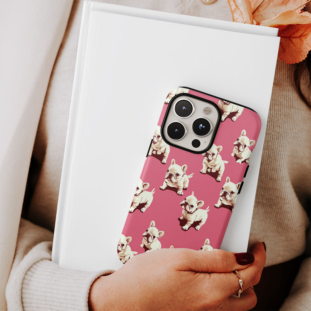 Double-Layer Semi-Handprinted Tough Matte French Bulldog Pink iPhone Case