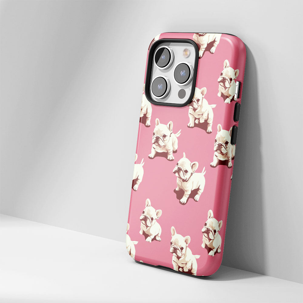 Double-Layer Semi-Handprinted Tough Matte French Bulldog Pink iPhone Case