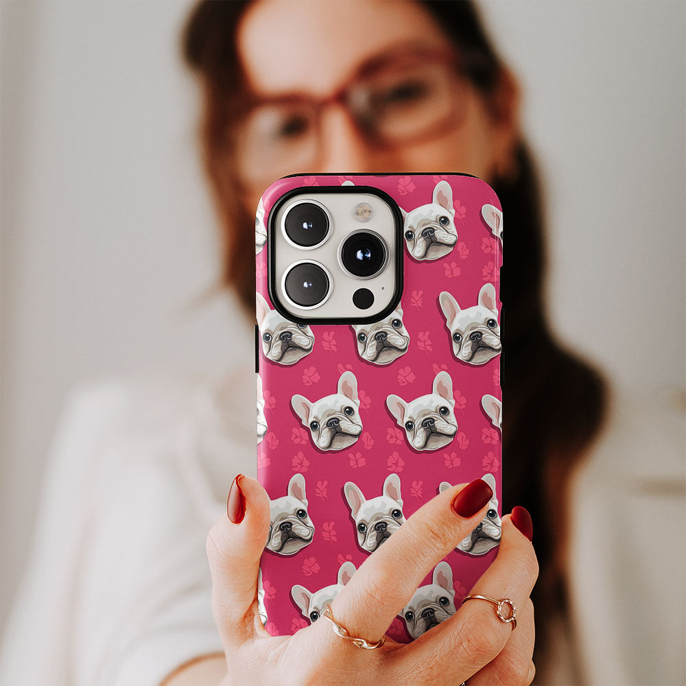 Double-Layer Semi-Handprinted Tough Matte French Bulldog Pink iPhone Case